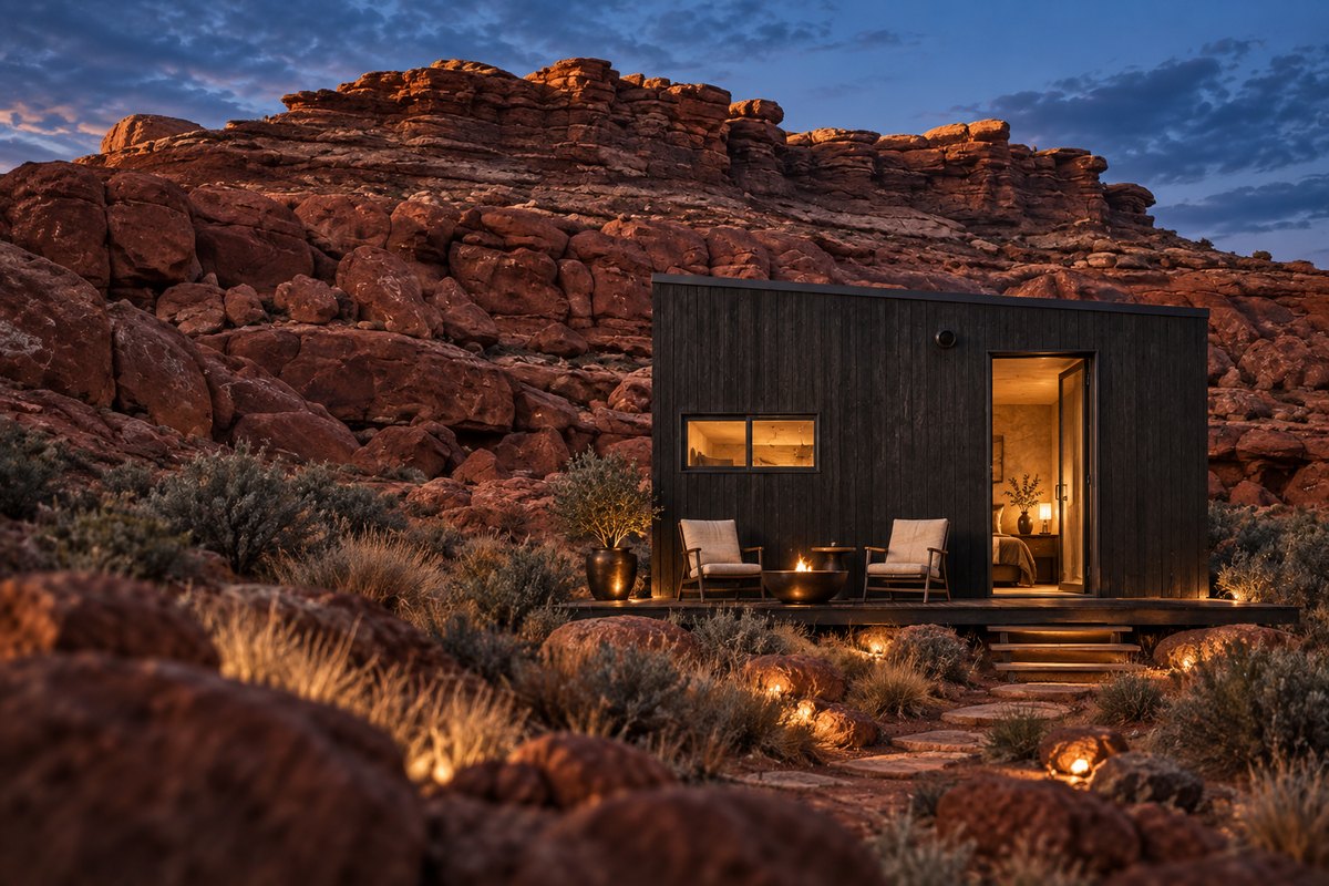 A dark timber cabin lit from within at dusk, below the red rock