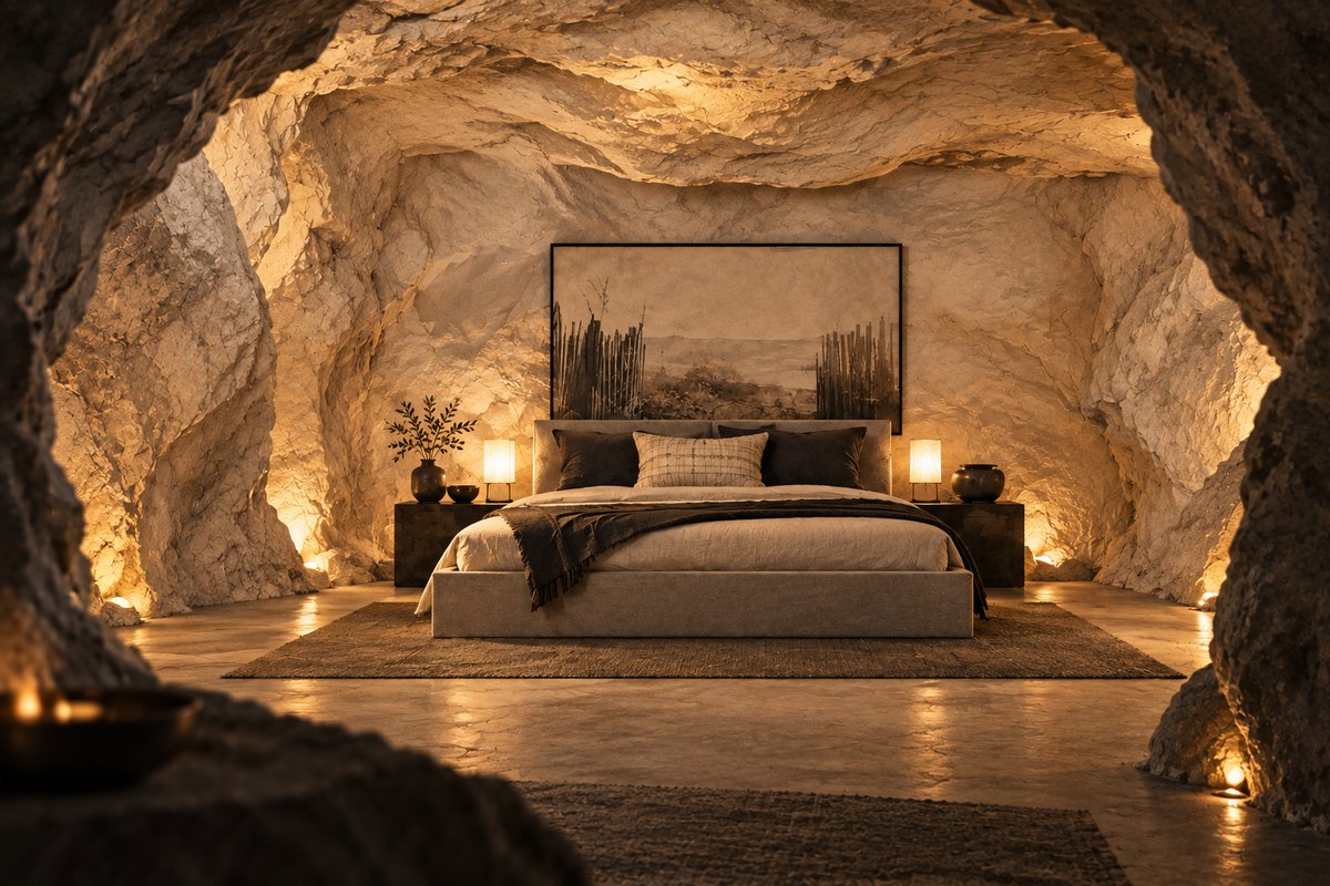 A cave chamber cut into the sandstone, bed beneath the arched roof