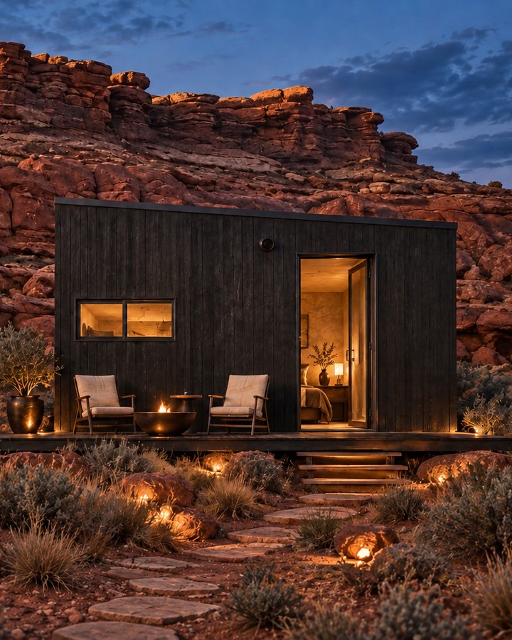 A dark timber cabin lit from within at dusk, set into the red rock