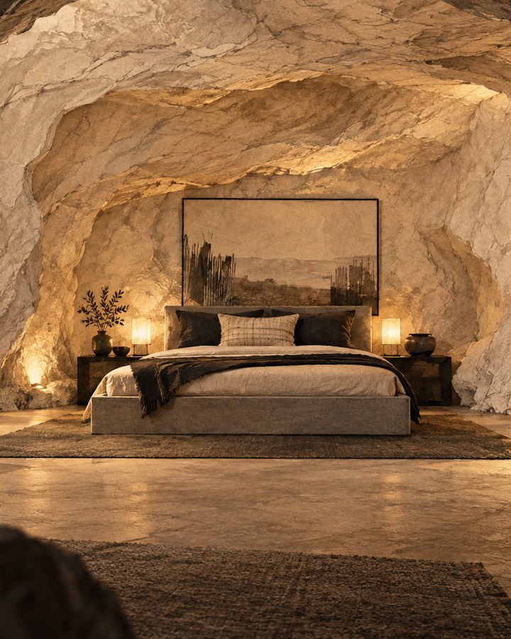 A bed in a sandstone cave chamber, lit low against the rock