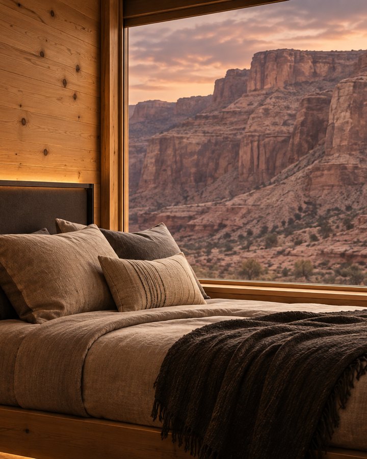 A bed beside a wide window looking onto the canyon at dusk