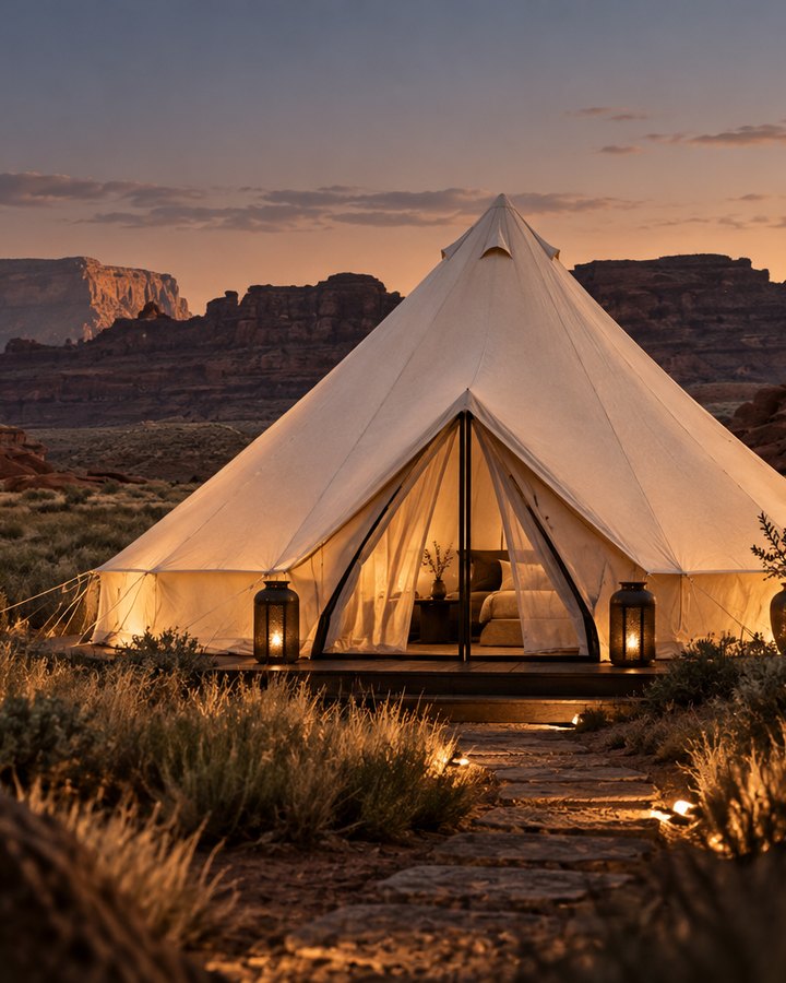 A lit canvas bell tent on the open ground at dusk, mesas behind