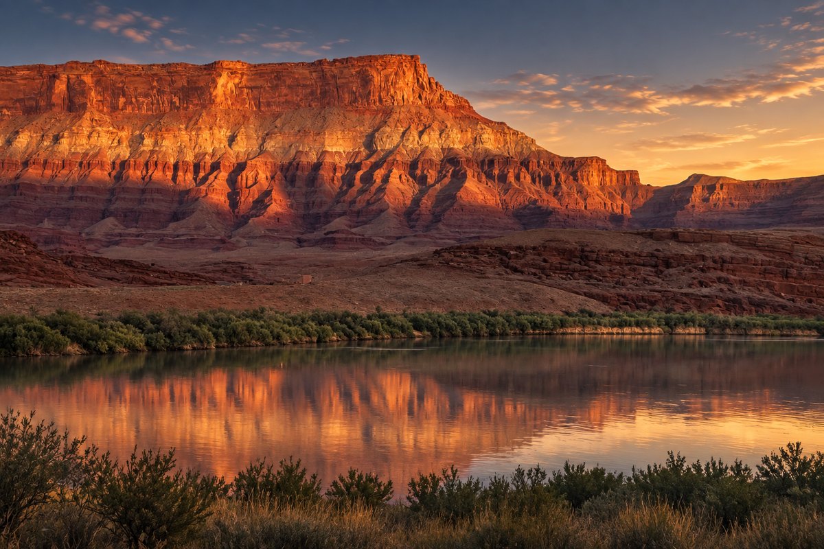 Red rock above a bend of the Colorado, reflected at sunset